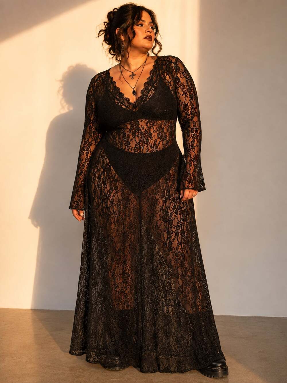 Sheer Black Lace Maxi Dress Plus Size Stretch Whimsigoth Gothic Dark Romance